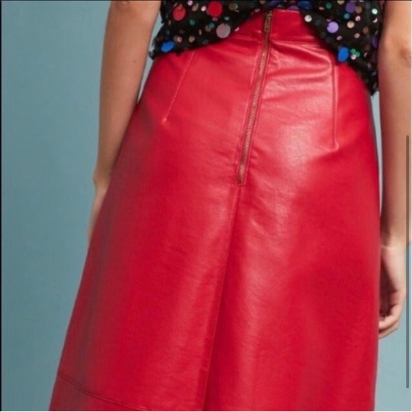 Dauphine Red PU Leather A-Line Skirt, Knee Length, Lined, Pockets ANTHROPOLOGIE - Picture 2 of 12